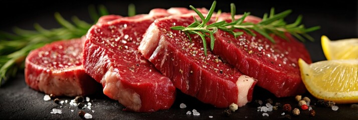 Fresh raw beef steaks, seasoned with salt, pepper, and rosemary, alongside lemon slices on a dark surface