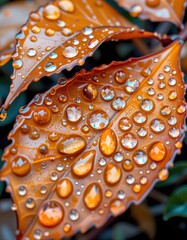 Close-Up of Water Droplets on Vibrant Orange Leaves in Natural Light