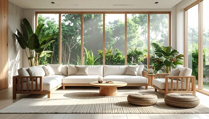 Fototapeta premium Elegant living room with white sofa, minimalist wooden chairs, two rattan poufs, and large green plants near the glass windows. Bright modern interior with a natural tropical atmosph