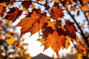 Vibrant Orange and Red Maple Leaves Backlit by Golden Autumn Sunlight