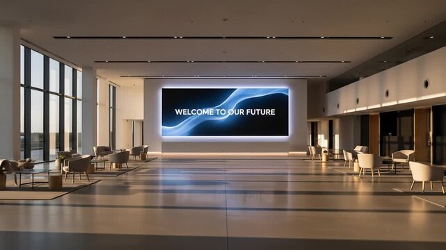 Modern Lobby with Large Display Showing Welcome to Your Future.
