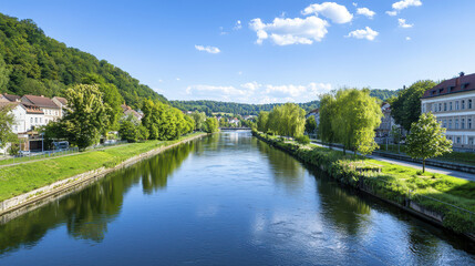 Fototapeta premium Serene river flows through picturesque landscape, surrounded by lush greenery and charming buildings under clear blue sky