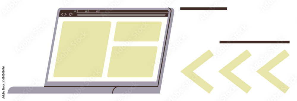 Aufkleber open laptop displaying web layout blocks representing coding interface. arrows symbolize coding flow