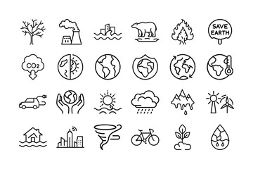 Climate Change Vector Icon Set. Global Warming, Carbon Emissions, Renewable Energy, Environment, Ice Melting, Extreme Weather, Greenhouse Gases and More. Editable Stroke. Vector Illustration.