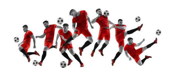 Collage of dynamic male soccer player in red uniform performing multiple action moves isolated on white. Concept of sports brand advertising, fitness, training apps and motivation posters.