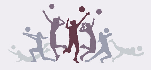 Female volleyball players silhouettes in dynamic game poses with ball in motion collage. Concept of agility, coordination, fitness content, workout applications and motivational posters.