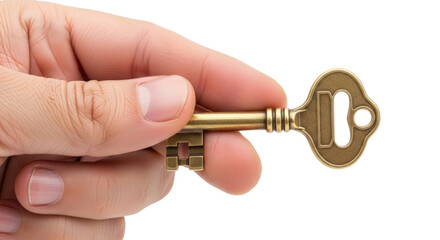 hand holding antique key unlocking potential, mystery, and vintage charm, isolated on transparent background