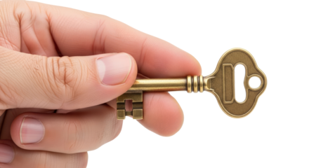 hand holding antique key unlocking potential, mystery, and vintage charm, isolated on transparent background