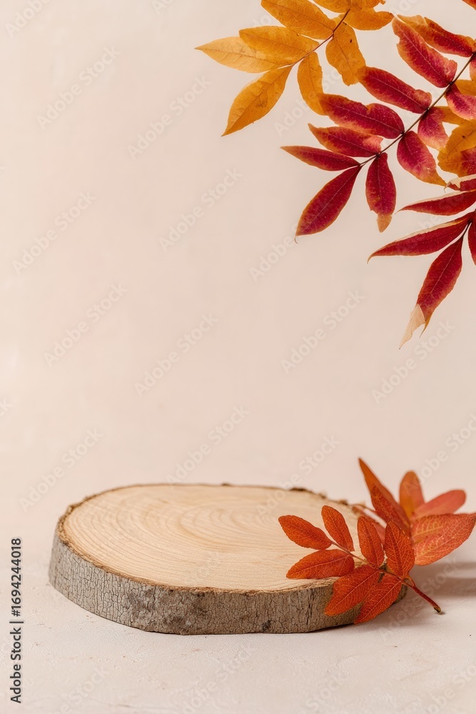 Aufkleber minimalistic autumn composition with empty wooden podium for displaying products decorated with red 
