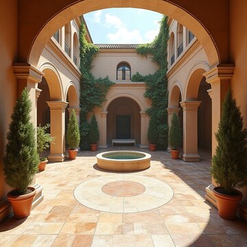 An elegant Roman villa atrium with a central impluvium and lush foliage under a sunlit open roof.
