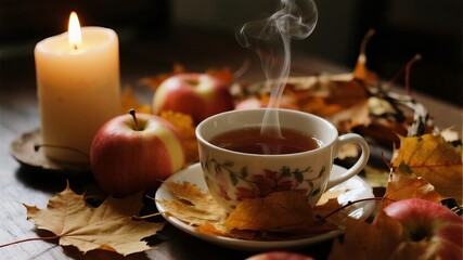 Fototapeta premium Wreath of Maple Leaves Draped Over Steaming Spiced Apple Cider, Soft Candlelight Illuminating Cozy Warm Atmosphere