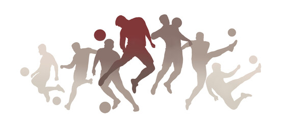 Composition of male soccer players silhouettes in multiple action poses with ball. Concept of sports brand advertising, fitness content, workout applications and motivational posters.