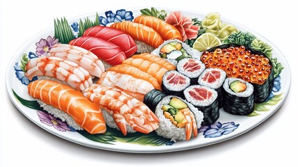 Assorted sushi on plate, with background art, for food media, menus, or blogs