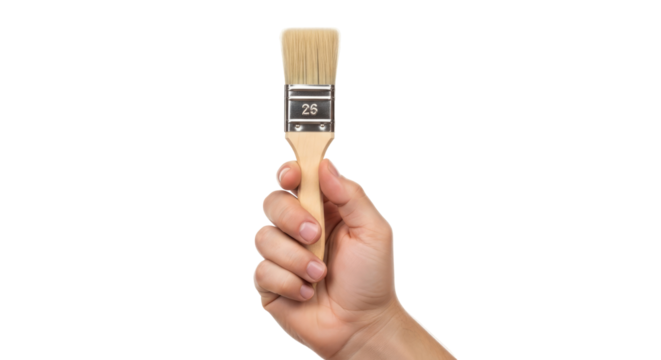 hand holding paintbrush ready to create, craft, and renew, isolated on transparent background
