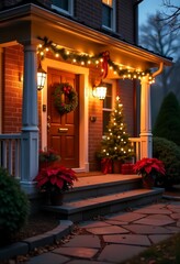 Cozy holiday front porch decorated with poinsettias, string lights, and warm glow