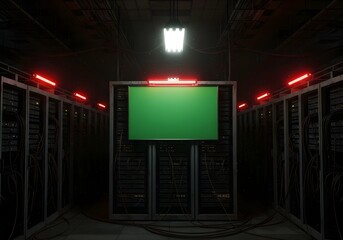 data center with green screen display and red lights