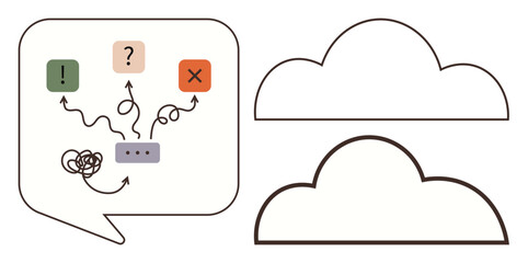 Speech bubble with symbols, arrows, and squiggly lines symbolizes problem-solving process and decision-making. Clouds represent brainstorming or ideas. Ideal for strategy, problem-solving, decisions