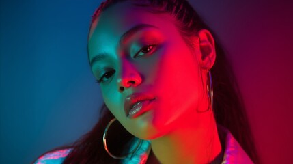High-contrast portrait with bold neon colors, strong vibrant lighting for a modern and eye-catching aesthetic