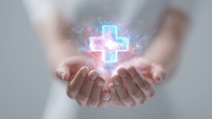 Close-up of a glowing holographic medical cross floating above open hands, clean pastel light, white background, futuristic health concept