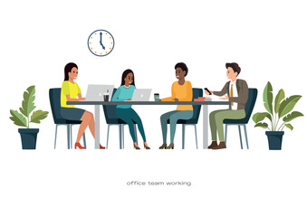 Flat vector illustration of diverse office team working together on a project