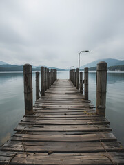 Fototapeta premium A dilapidated wooden pier leading out into a still lake