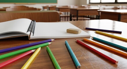 Classroom creativity: A vibrant array of colored pencils and blank notebook ready for artistic
