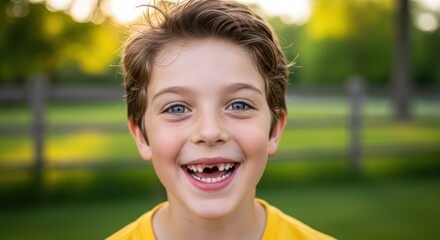 Cheerful young boy with a bright smile showing his missing teeth in natural light portrait