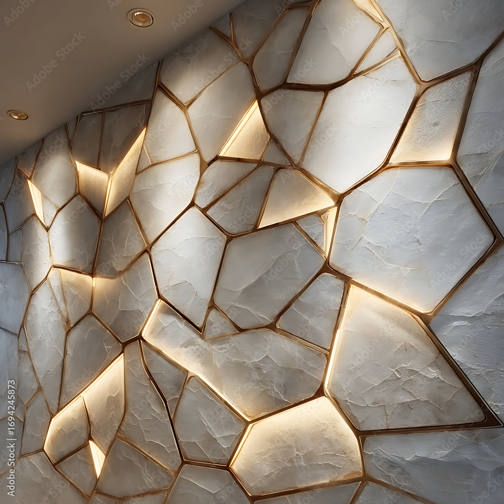 Poster a modern and luxurious illuminated wall design with large, irregular white stone panels separated by