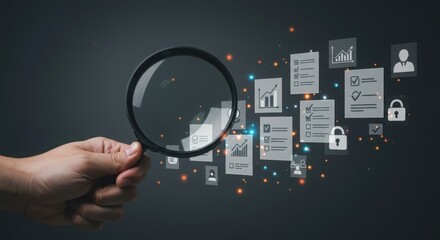 Hand holding magnifying glass over floating documents for data analysis and review