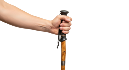 hand holding wooden hiking stick embark on an adventurous journey, isolated on transparent background