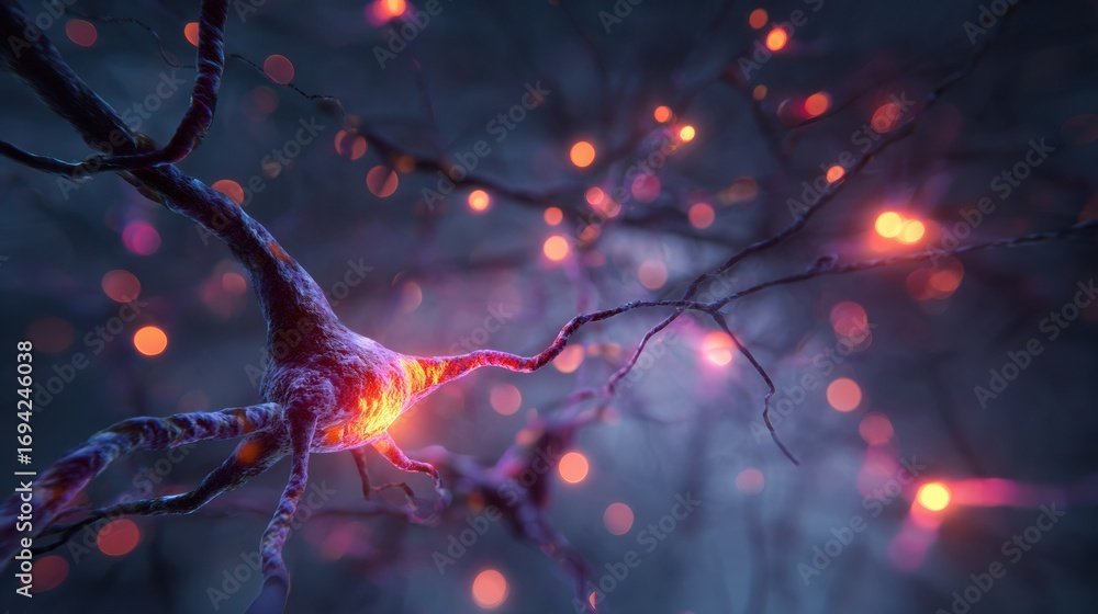 Poster intricate network of neurons illuminated with soft glows showcasing neural connections at microscopi