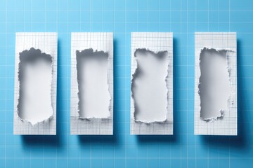 Four torn paper rectangles on a grid background