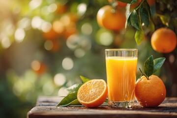 Fresh orange juice, oranges and leaves on wooden table, orchard background