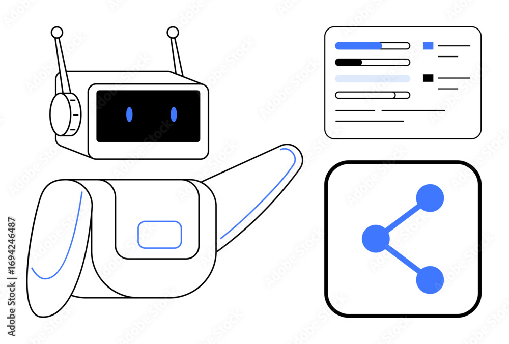 Aufkleber robot with antenna, data chart with progress bars, network connection icon. ideal for automation, ai