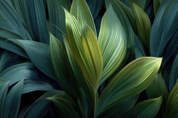 Lush green leaves, detailed textures, vibrant colors