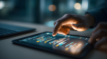 Software developer working on tablet computer with code displayed on screen