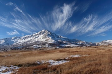 Mountain peak, wispy clouds, autumnal landscape