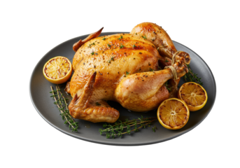 Golden-brown roasted chicken with glistening skin, savory herbs, thyme sprigs, and caramelized lemon halves on a charcoal gray platter against a transparent background, high-end culinary appeal