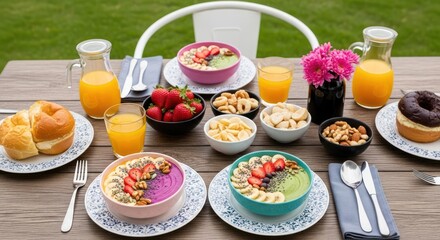 An outdoor morning arrangement offering vibrant smoothie bowls, fresh bakery items, and juice