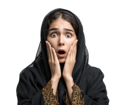 Surprised young woman portrait shocked expression isolated on transparent background