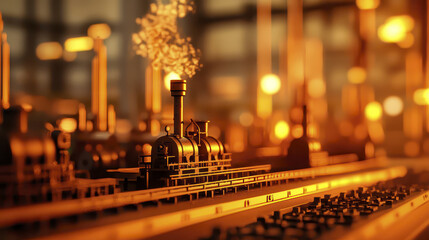 Naklejka premium Sepia toned photograph of industrial scene featuring smokestacks, machinery, and glowing lights, evoking sense of nostalgia