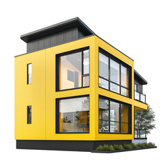 Modern yellow house with large windows isolated