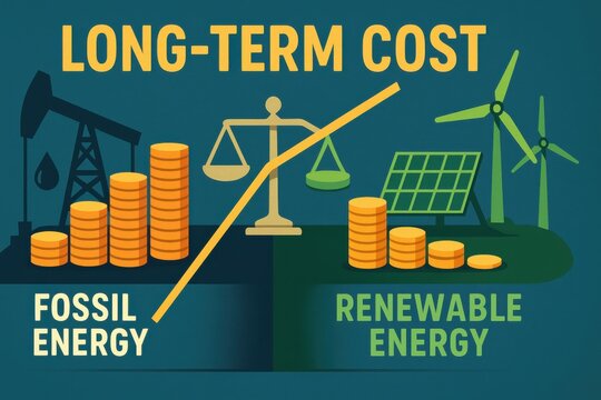 Long-term cost comparison between fossil fuels and renewable energy sources illustration showing
