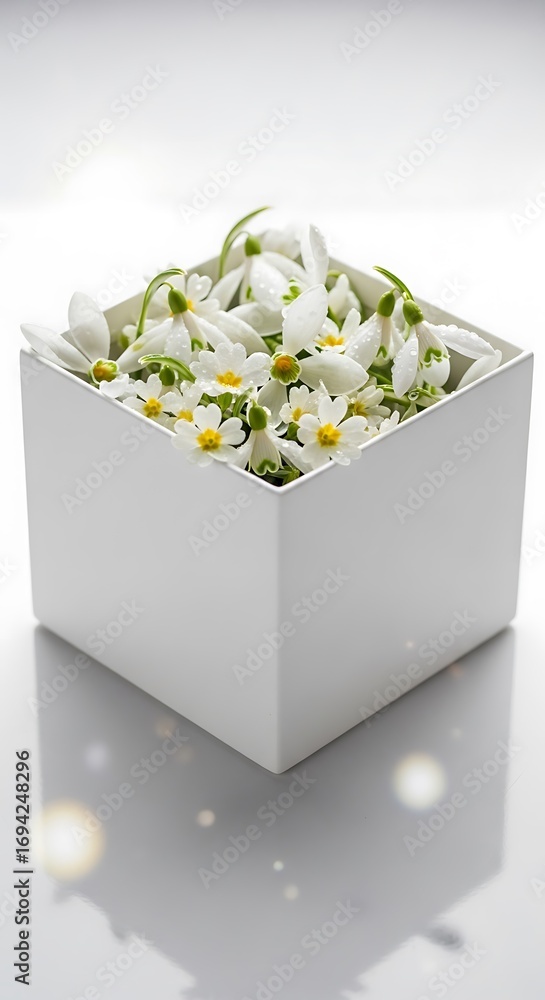 Poster delicate snowdrops nestled within a pristine white cube, showcasing a serene and spring-like aesthet