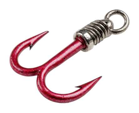 Fishing action red treble hook marine environment view isolated on transparent background