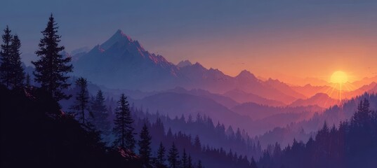 Obraz premium A stunning sunrise painting over layered mountain ranges and a forest. The sun radiates light and warmth