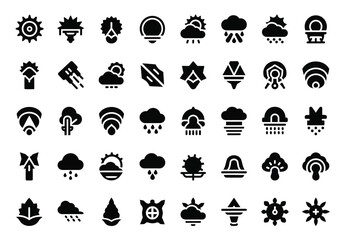 Collection of weather icons, including sun, cloud, rain, snow, wind, and lightning