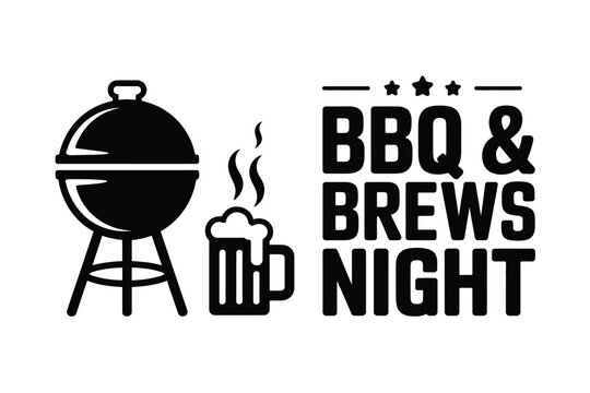 Illustration of bbq and brews night with grill beer mug and stars in black and white vector graphic image
