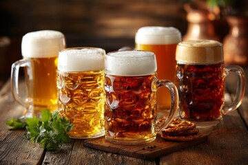 Assorted mugs of frothy craft beer on rustic wooden table in warm lighting. Oktoberfest Beer Varieties. concept of craft beer variety