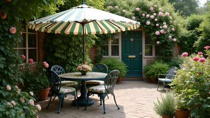 Obraz premium English Country Patio with Traditional Striped Parasol